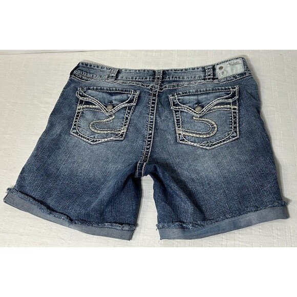 Silver MCKENZIE Blue Denim Jean Shorts Womens Size 20 Stretch Flap Button Pocket - Picture 1 of 15